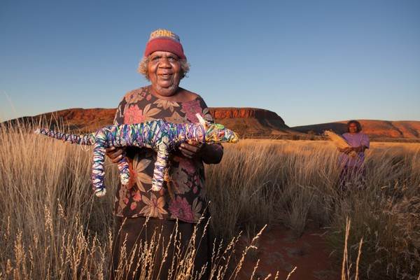Molly Miller and Dallas Smyth from Warakuna WA with their Tjanpi works