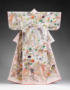 Japanese; Katabira Kosode, summer kimono with bouquets and scattered fans