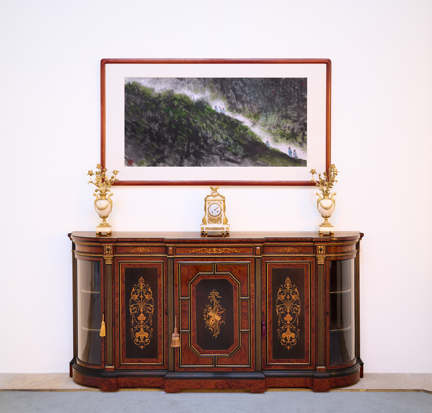 Guanting Li, Mountain Hiking, 2015, colour ink on paper with credenza, mantle clock and candelabra