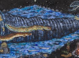 Deanne Gilson (Wadawurrung), Porronggitj gupma Ngaramilli baa Bunyia Beenyak under Barri-morrgal – The Brolga Dancing by the Eel Trap, Under the Moon, 2025