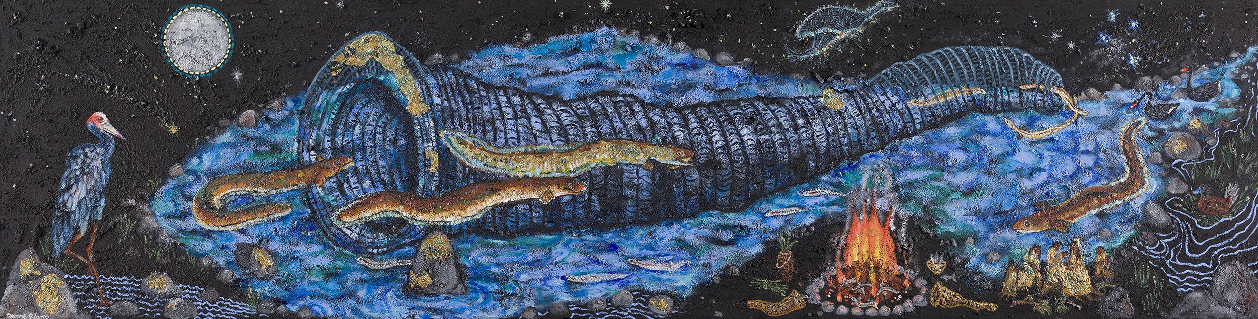 Deanne Gilson (Wadawurrung), Porronggitj gupma Ngaramilli baa Bunyia Beenyak under Barri-morrgal – The Brolga Dancing by the Eel Trap, Under the Moon, 2025