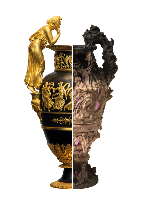 Left: Louis Moinet, Gossip clock, c.1810 / Right: Michael Carney, Endurance, 2026