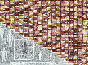 Glenn Loughrey, “I Was Naked, You Was Afraid; So You Hid Me.” Genocide 17:88, acrylic on canvas, 76 × 102cm / Winner of the 2026 Mandorla Art Award / Courtesy the artist and Mandorla Art Award