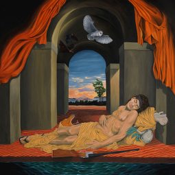 Ryan Presley, Our lifestyle of tranquillity undisturbed, 2026, oil paint on polyester, 183 × 152.7cm / Winner of the Telstra Art Award in the 2026 Telstra National Aboriginal and Torres Strait Islander Art Awards / Photograph: Katherine Travis / Courtesy the artist and Telstra National Aboriginal and Torres Strait Islander Art Awards