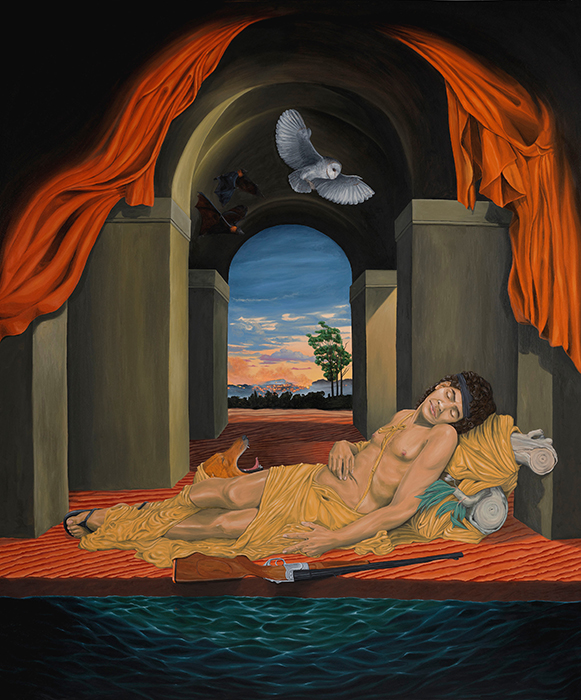 Ryan Presley, Our lifestyle of tranquillity undisturbed, 2026, oil paint on polyester, 183 × 152.7cm / Winner of the Telstra Art Award in the 2026 Telstra National Aboriginal and Torres Strait Islander Art Awards / Photograph: Katherine Travis / Courtesy the artist and Telstra National Aboriginal and Torres Strait Islander Art Awards
