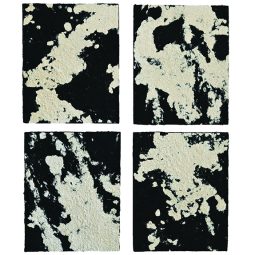 Matthew Hurdle, Self Portrait {when my hands relax I can sleep}, 2026, handmade paper from pulped black t-shirt and hessian on wood board, 54 × 44 × 3.5cm / Courtesy the artist and PARKER Contemporary, Queensland