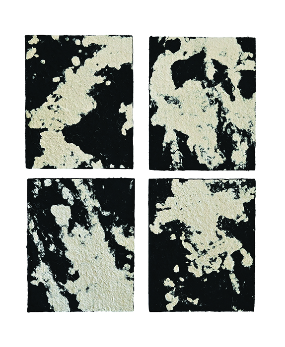 Matthew Hurdle, Self Portrait {when my hands relax I can sleep}, 2026, handmade paper from pulped black t-shirt and hessian on wood board, 54 × 44 × 3.5cm / Courtesy the artist and PARKER Contemporary, Queensland