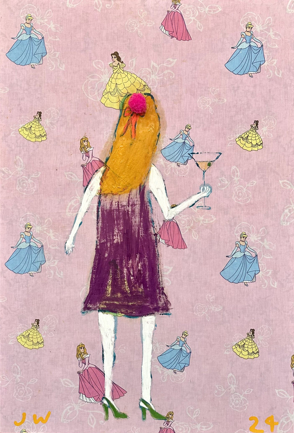 Jenny Watson, Party girl with a pink pom pom, 2024