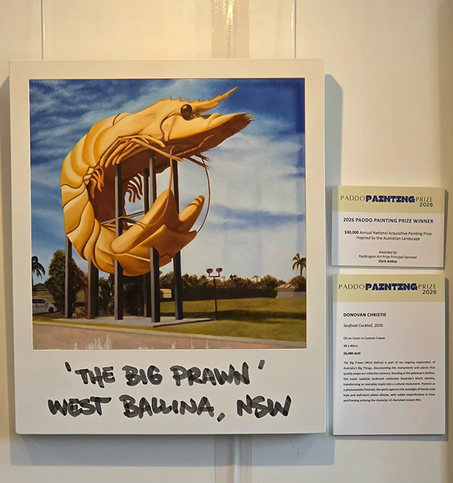Donovan Christie, Seafood Cocktail, 2026, oil on linen in custom frame, 48 × 40cm / Winner of the 2026 Paddington Art Prize / Courtesy the artist and Paddington Art Prize