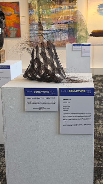 Jane Theau, Charred, 2026, woven horsehair, 20 × 25 × 35cm / Winner of the 2026 Paddo Sculpture Prize / Courtesy the artist and Paddington Art Prize