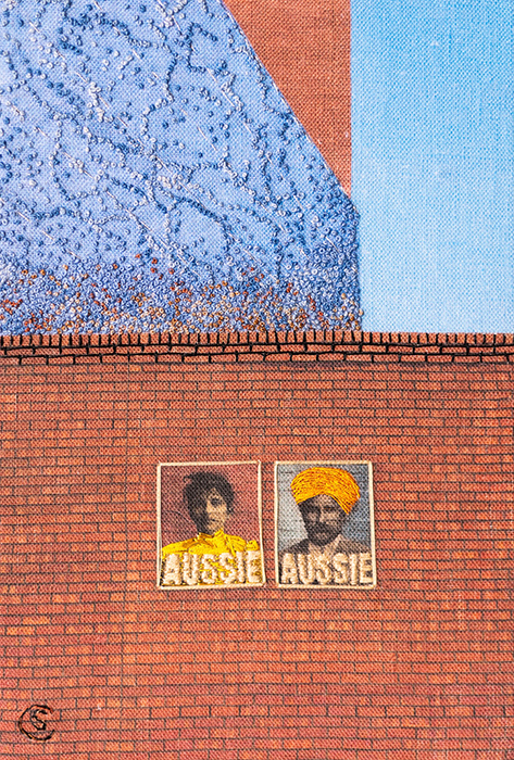 Christine Sweeney, AUSSIE AUSSIE, 2026, mixed media on canvas, incorporating photography and textiles, 27 × 19cm / Winner of the Robin Lawrence Open Art Prize in the 2026 Glebe Art Show / Courtesy the artist and Glebe Art Show